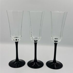 Vintage 80s Arcoroc Luminarc France Black Stem Octime Champagne Flutes Set of 3
